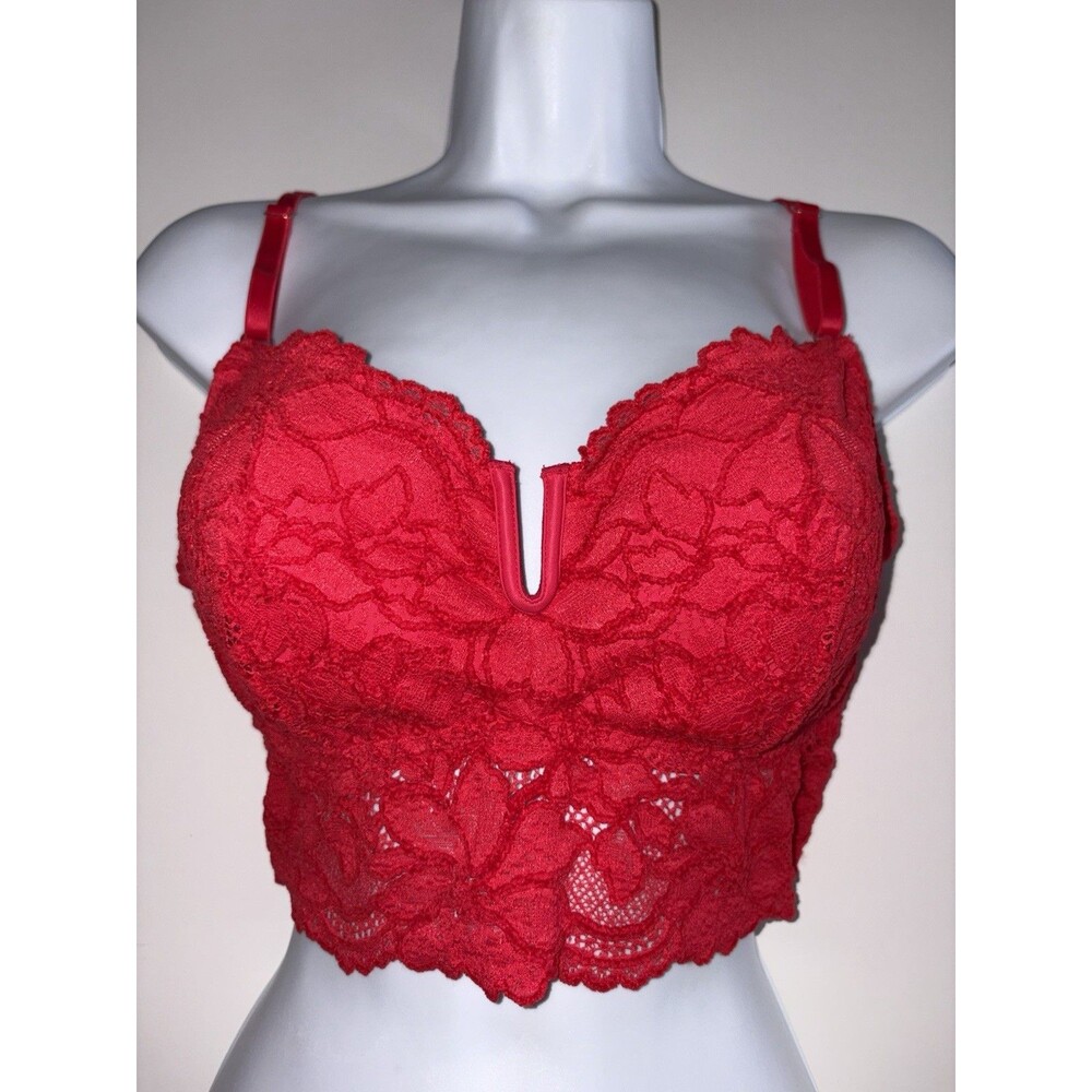 Victoria's Secret PINK XL Red Chenille Lace Long Line Bustier Bralette Wirefree